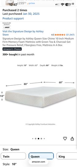 Signature design by ashley  chime 10 inch queen Memory foam mattress