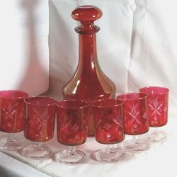 Gorgeous Red cranberry 7 pc cut glass decanter set