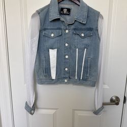 Paris Pearl denim jacket white mesh sleeves white vertical stripe Size Petite M