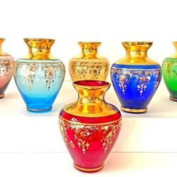Hand Blown Murano 24k Gold-Rim Rainbow Vases 5”