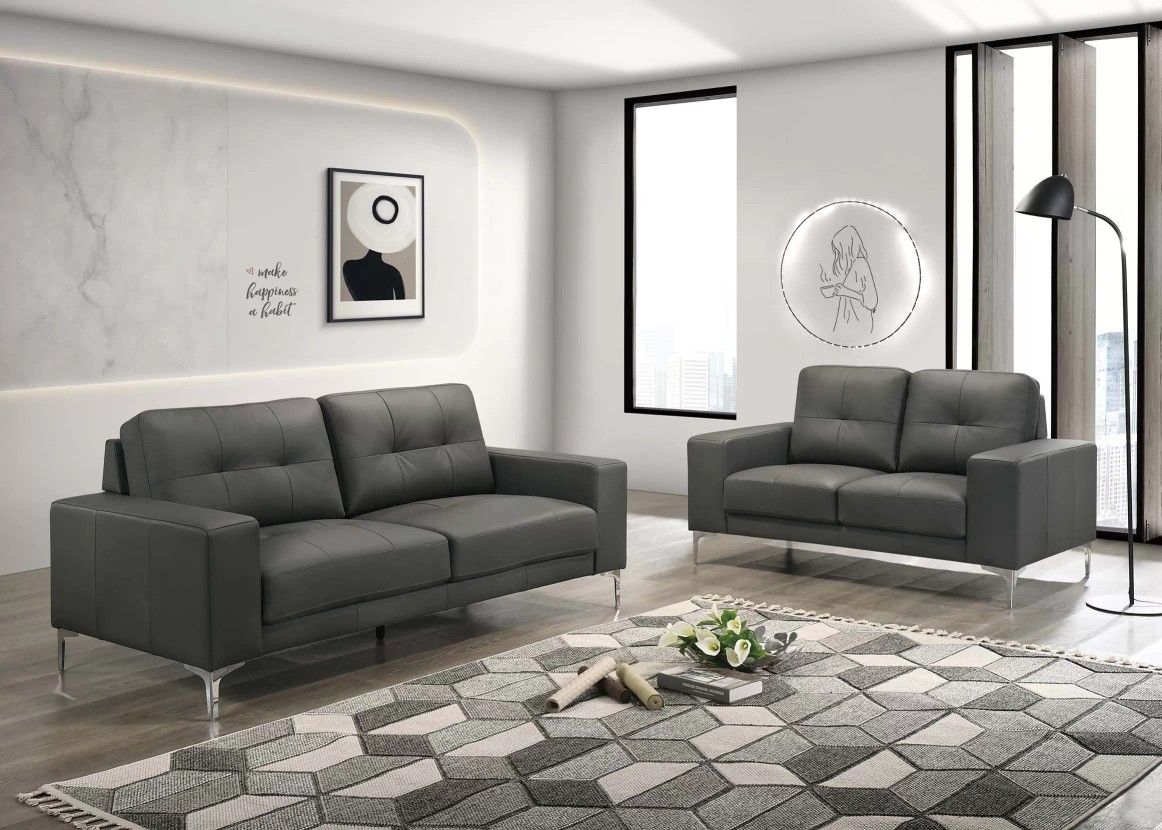 Brand New Grey Leather Modern Style Sofa & Loveseat