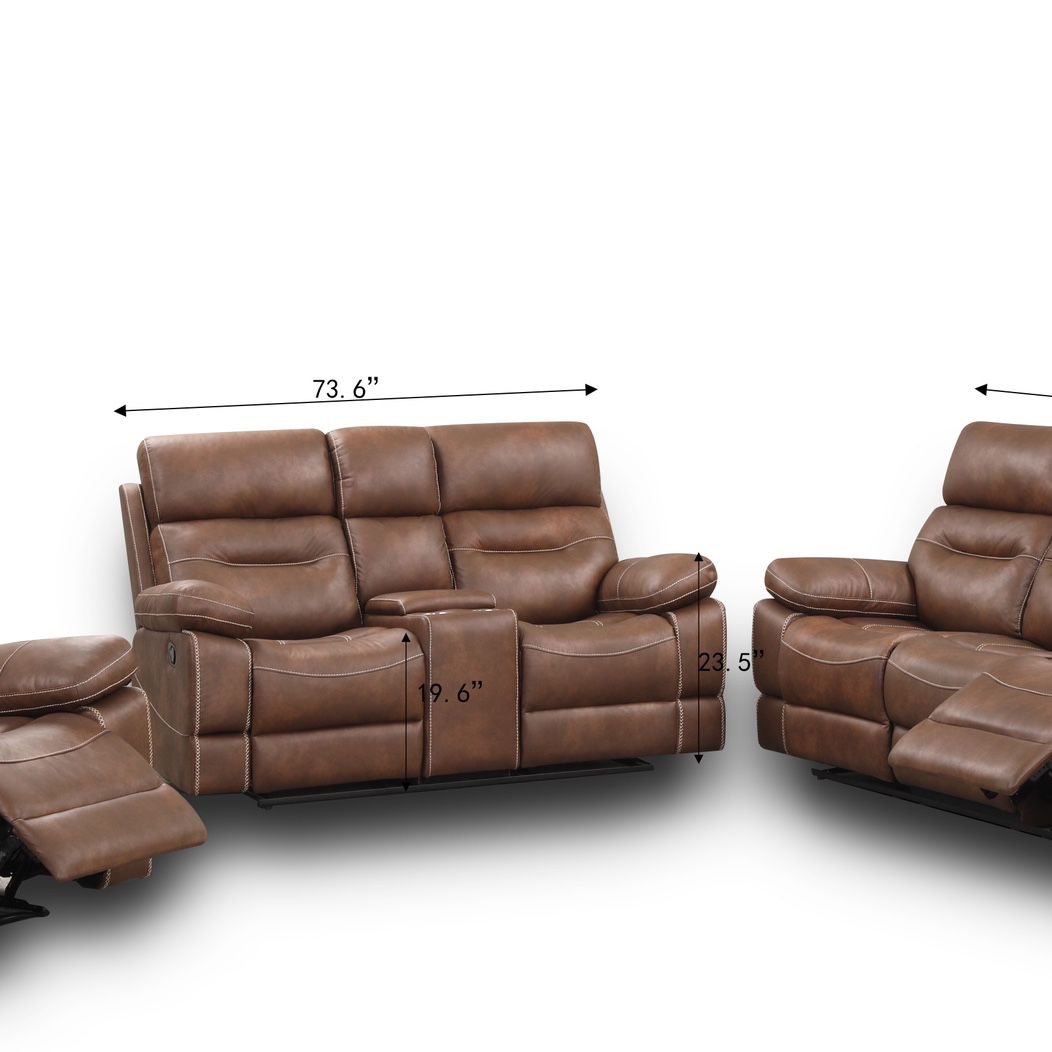 3 Piece Brown Reclining Sofa Set ( Loveseat with Console & 2 Cup Holders & a Storage) - Hoilday Pomotion