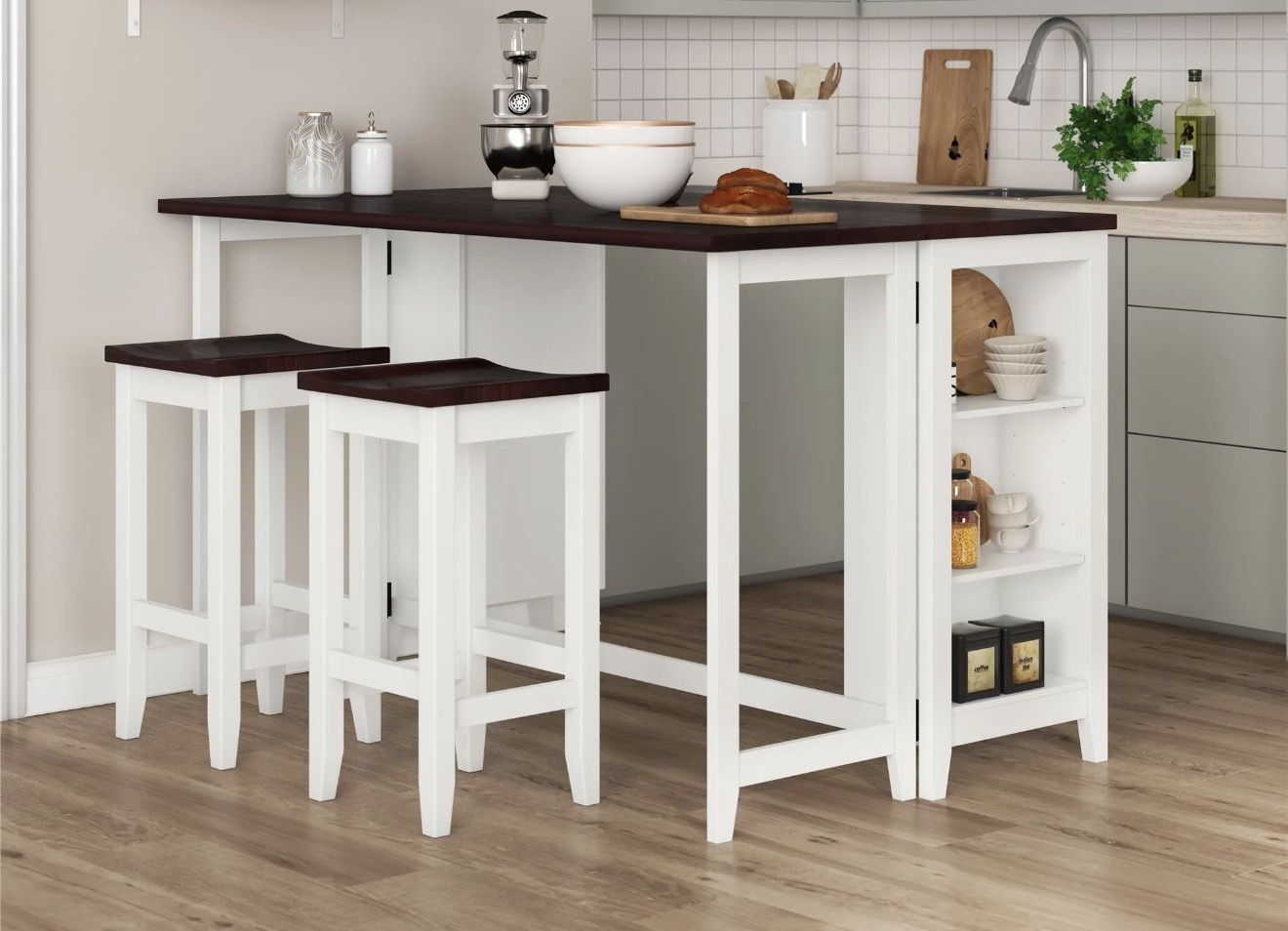 3-Piece Dining Table Set Table & 2 Bar Stools w/ 3-Tier Storage Shelf