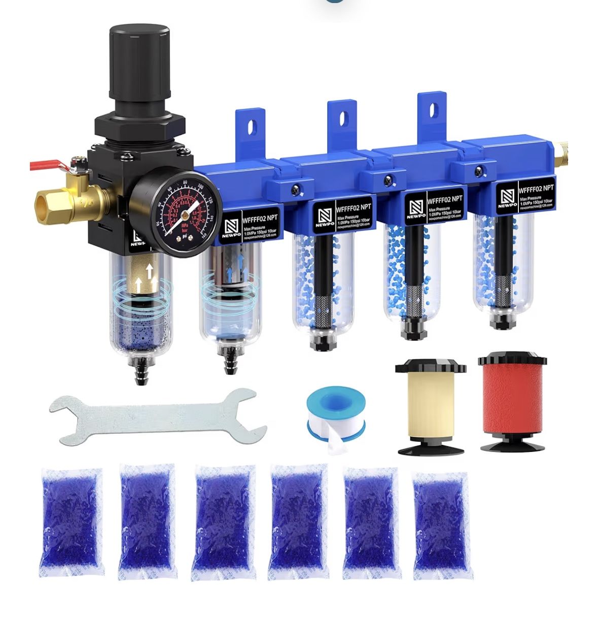 NEWPO 1/4" NPT 5 Stage Air Dryer for Compressor,Brass Filter&Coalescing Filter,Triple Desiccant Dryer and Air Regulator,Air Compressor Water Separator