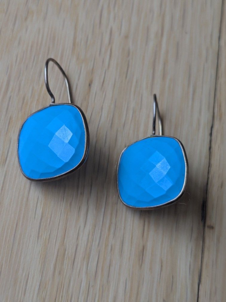 Stunning Natural Blue Turquoise Cushion Square Briolette GoldPlated Earrings 1.5"