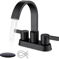 Brand New  Matte Black Bathroom Faucets for Sink 3 Hole, 4 Inch Centerset Waterfall Faucet Bathroom Sink Faucet with Pop-up Drain and 2 Supply Hose, S