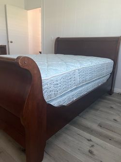 Wooden Sleigh Bed Frame with Mattress and Box Spring