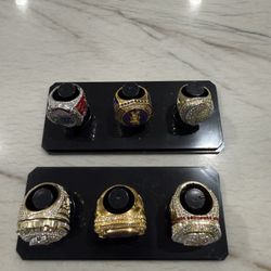 6 Championship Rings Replica Set NFL & Fantasy Football Style Gold Tone CZ Display Case”