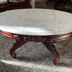 Late 20th Century Cherry Lyre Coffee Table with Italian Marble/Wooden Base and Flower Embellishment