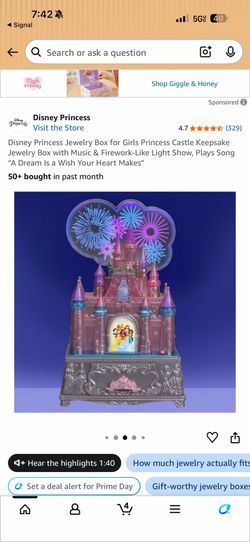 Disney Princess Jewelry Box for Girls Princess Castle Keepsake Jewelry Box with Music & Firework-Like Light Show, Plays Song “A Dream Is a Wish Your H