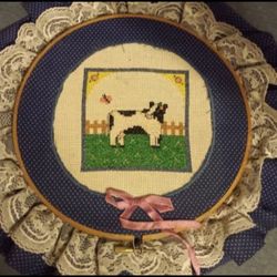 Blue Needlepoint Cow Country Wall Hanging, Approx 12"