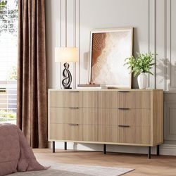 Garvee Oak Fluted 6 Drawer Dresser with Anti-Tipping Design for Bedroom Living Room Hallway