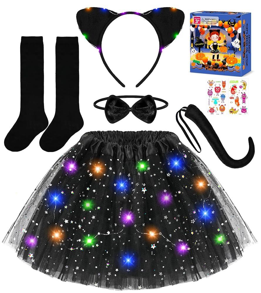 Black Cat Costume for Girls, Kids Halloween Costume with LED Light Up Tutu Skirt for Girls Kids Ages 3 4 5 6 7 8