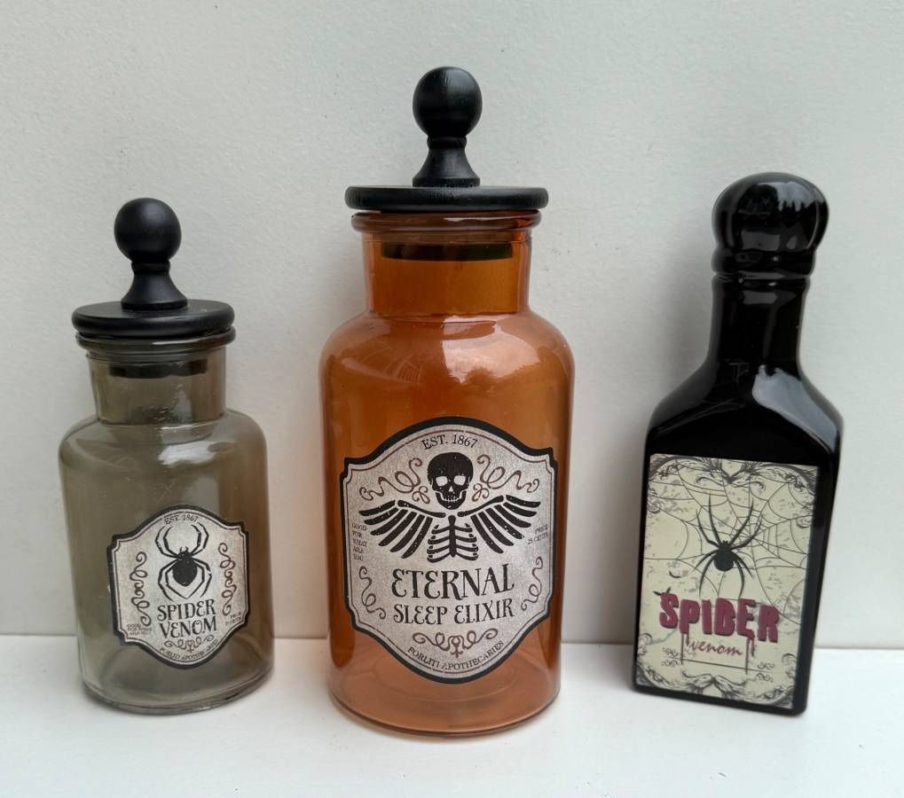 Set Of 3 Halloween Apothecary Potion Bottles Gothic Decor