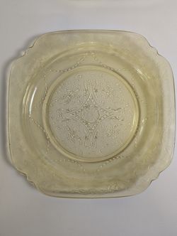 Vintage Yellow Square Glass Plate with Embossed Floral Pattern