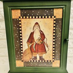 Green Wall or Tabletop Cabinet Hand Painted with Santa Claus Picture, 3 shelves