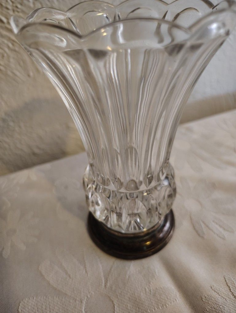 Vintage Glass Vase With Star Burst Design At Bottom Of Vase. Base Is B1 Silver Plated