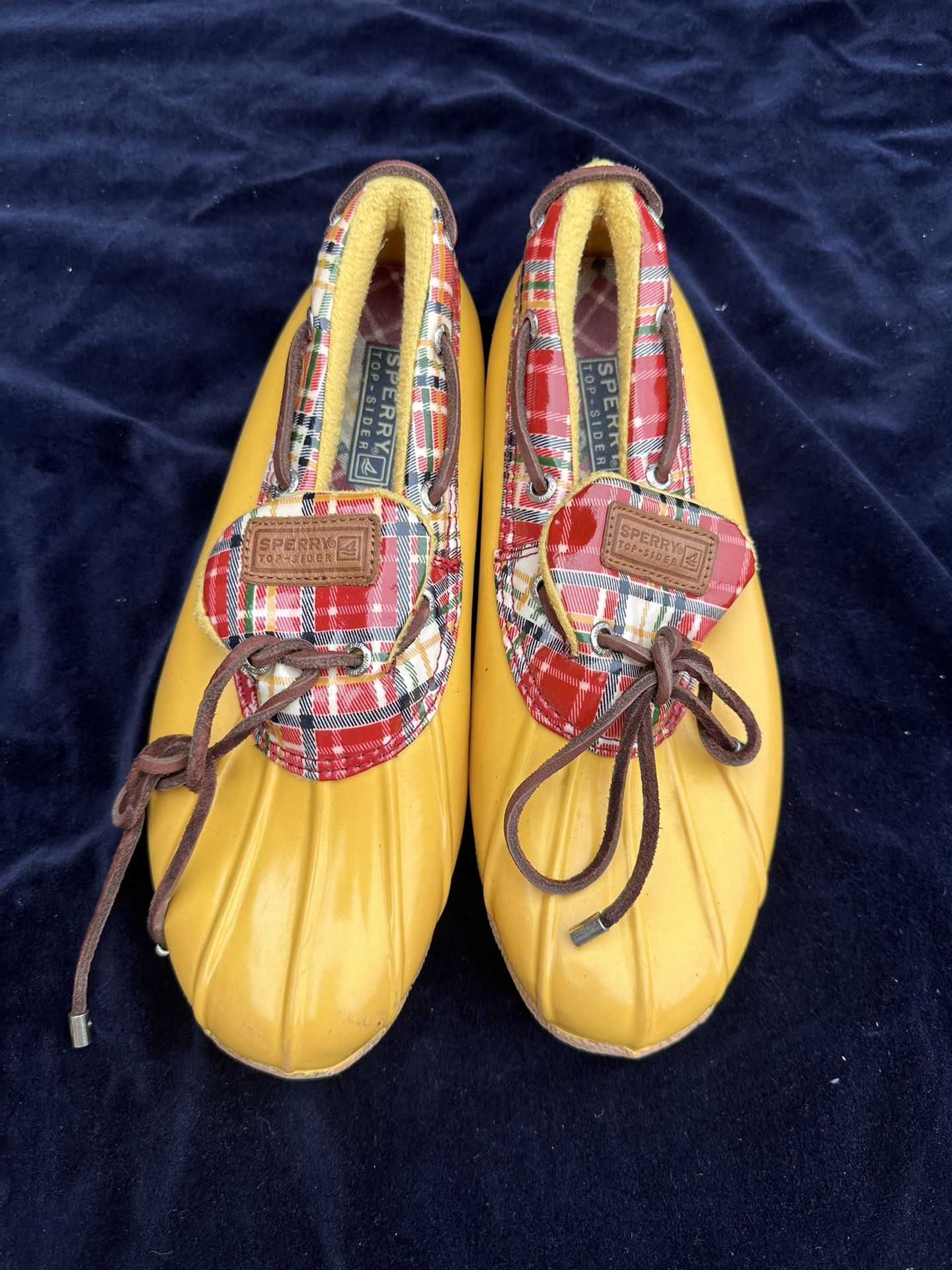 Sperry Top Sider Waterproof Rubber Duck Boot Yellow Plaid Women Size 8