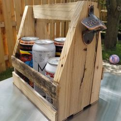Wooden 6 Pack Can Holder with Bottle Opener