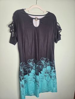 Cold Shoulder Criss Cross Floral Keyhole Mini Dress Womens Large Teal Black