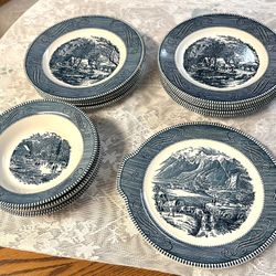 Vintage Currier & Ives/Royal-Ironstone Blue & White Plate Set
