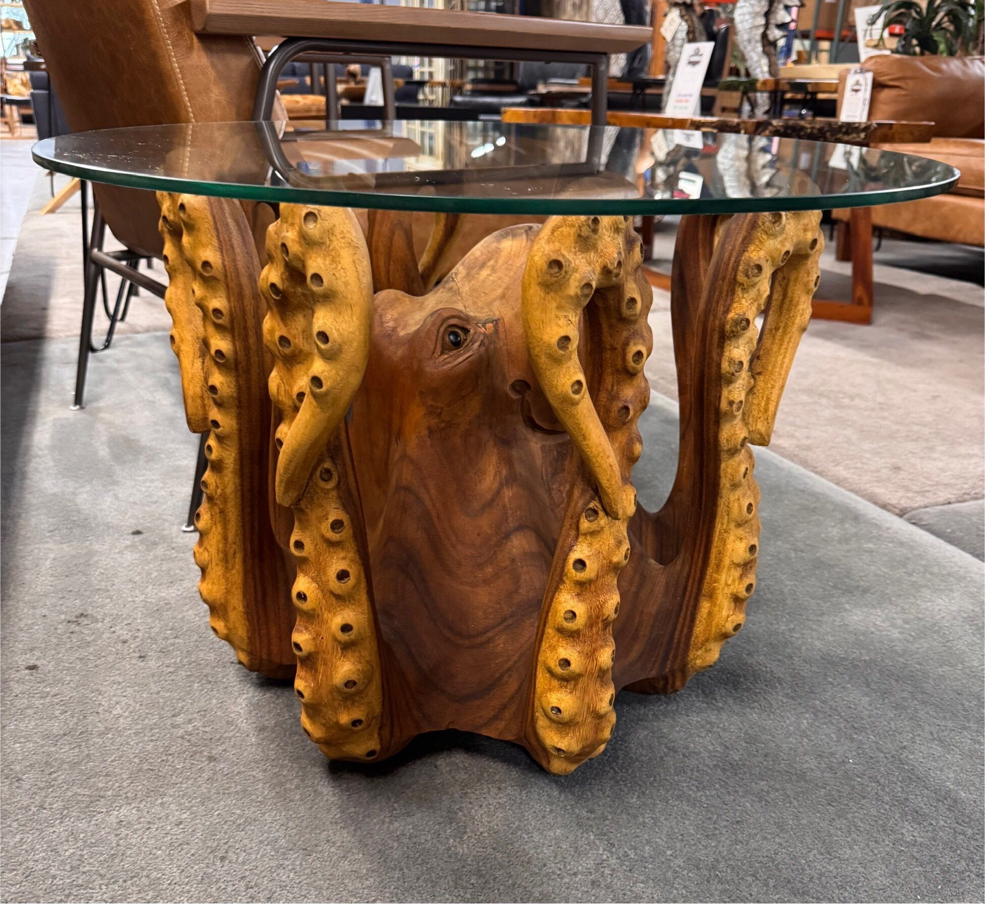 Hand Carved Wood Octopus End Table w Glass Top