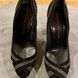 Richard Tyler Women Black Suede & Tweed Peep Toe Shoes High Heel Size 9