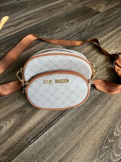 Steve Madden Crossbody Oval Double Bag in cream and cognac monogram print