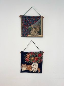 Vintage cat cottagecore embroidery art wall hangings (set of 2)