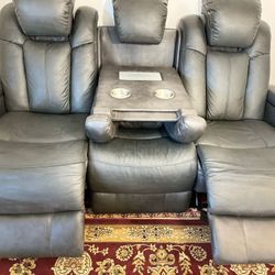 Leather Reclining Sofa, Dark Gray Color 