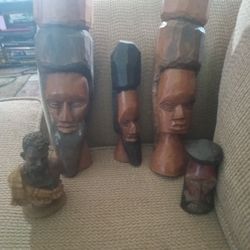 Vintage African Masks And Vintage Hand Carved Statues