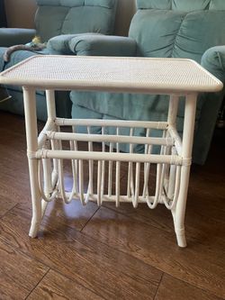 White Wicker Rattan Side Table w/ Magazine Rack | Coastal Boho Cottage Decor