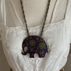 Large Brass Purple Floral Elephant Necklace- Made In India