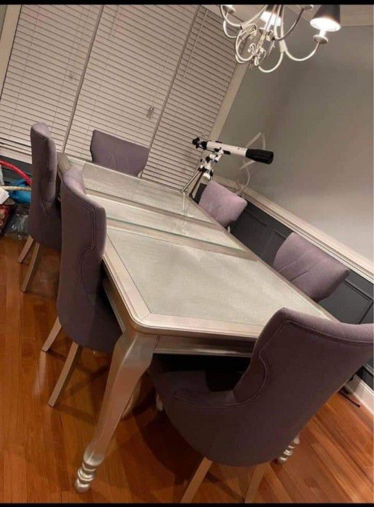 Elegance Extension Tabletop Glass Rectangular Dining Table And 6 Chairs🔥 Dining Room Set/Kitchen⭐️ New Brand ✅ On Display🏠