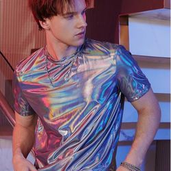 Men's Metallic T Shirt Holographic Round Neck Short Sleeve Shiny Tee Tops