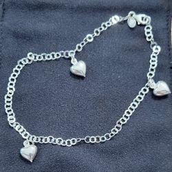 Puffy Heart Charms Anklet, Sterling