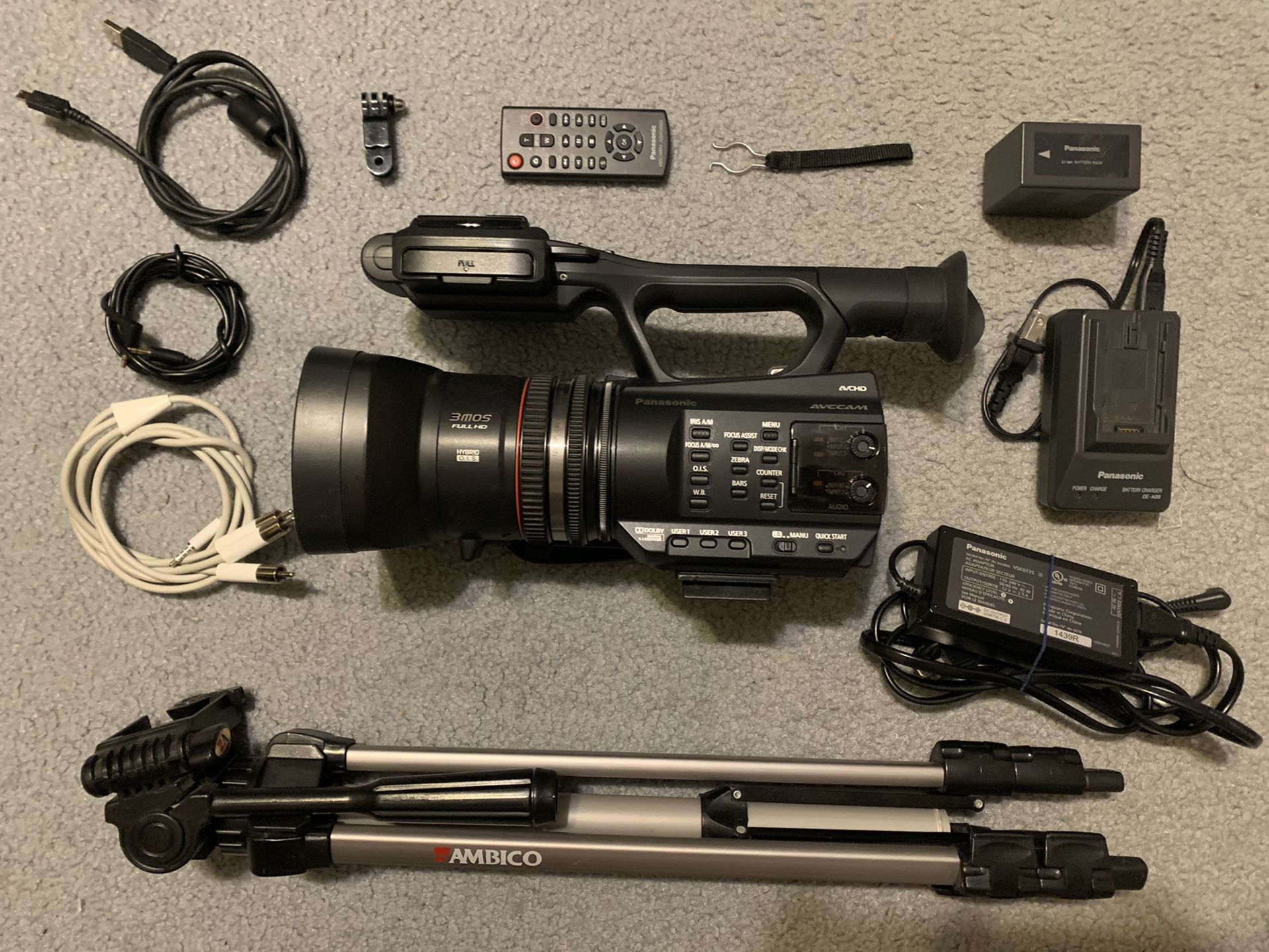 Panasonic AG-AC90 Full HD camera with tripod and accessories