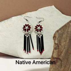 Native American Bead Earrings Leather Backing Tribal Jewelry 2.5 Inches Length