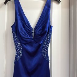Royal Blue Satin Evening Gown with Beaded Details