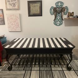 Custom Black & White Striped Coffee Table - Wrought Iron Base