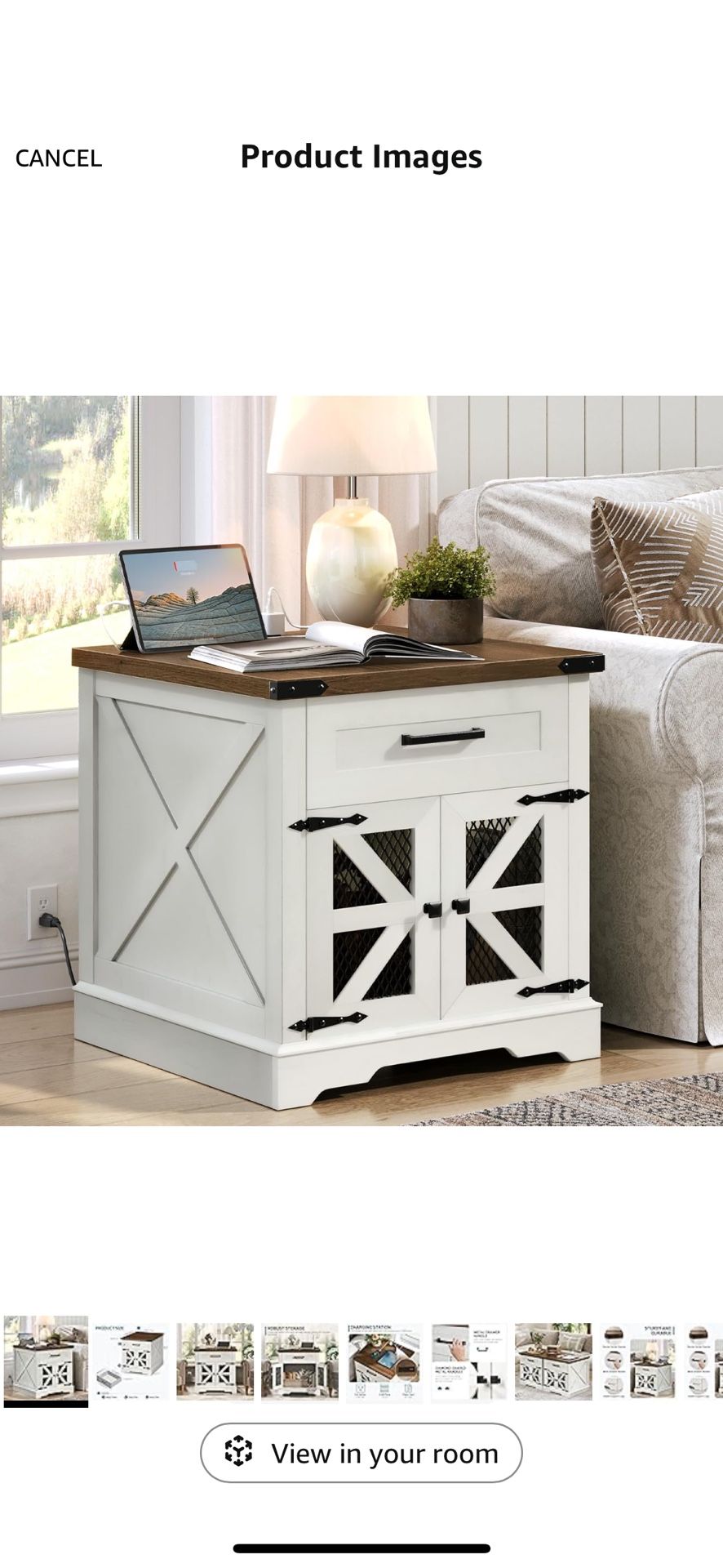 White Farmhouse End Table with Charging Station, 24" Large Sofa Side Table with Drawer, Large End Table for Living Room, Wooden Nightstand with Outlet