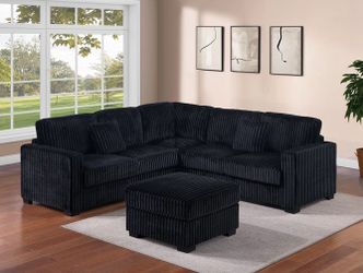 Black Onyx Plush Corduroy Sectional with ottoman and accent pillows 99x99 pick up can deliver
