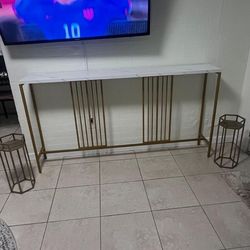 2 Mesa consola para entrada, Mesa de sofá de MDF de mármol sintético con marco dorado (Una sola capa, Mármol blanco)