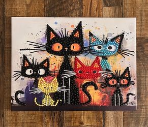 Colorful Cats Pearl Dot Gem Art Painting on Pre-Framed Wooden Canvas, Glossy & Shiny Home Wall Decor, 12x16 Inches, Cute Kitty Cat Animal Picture!