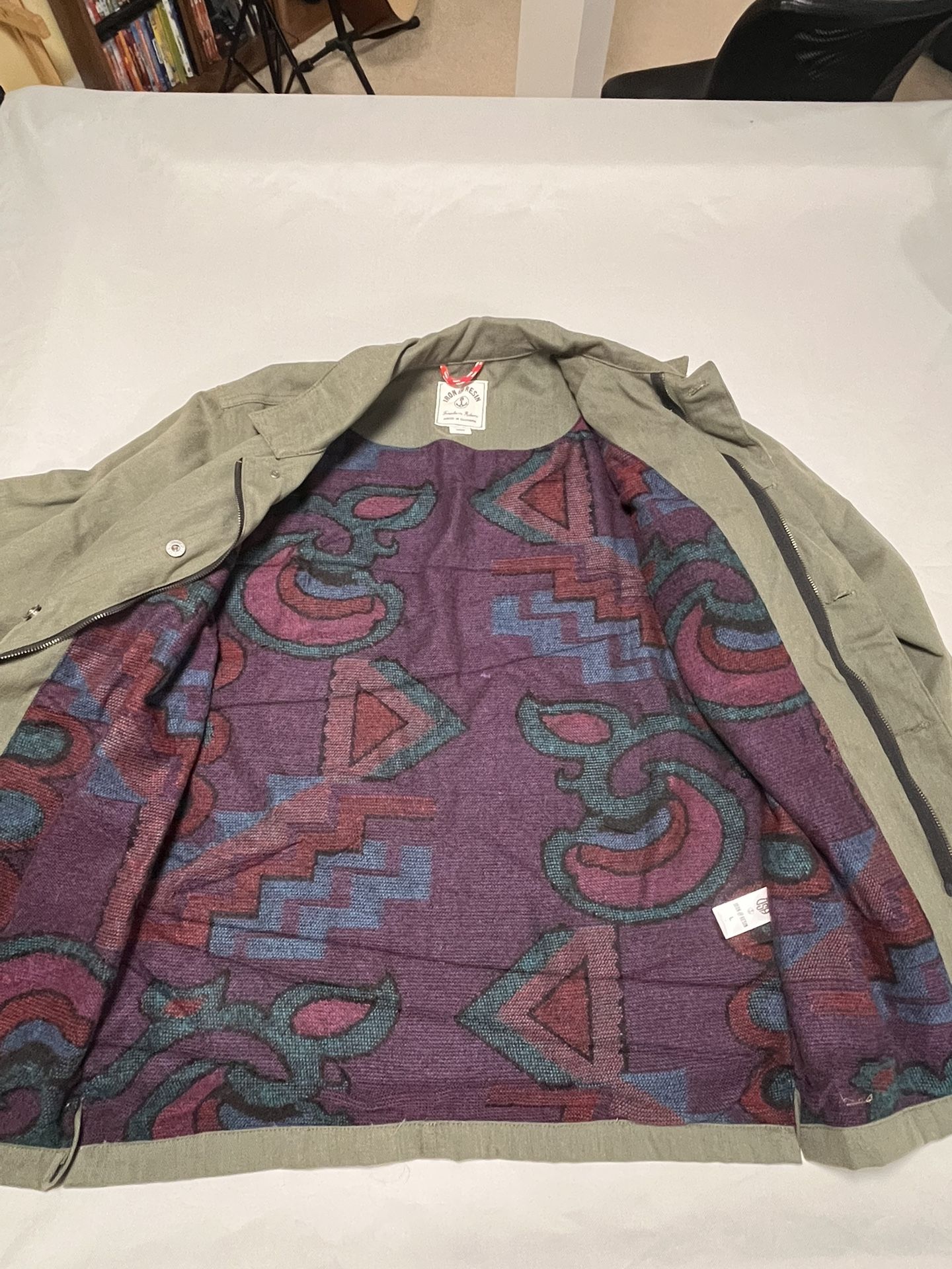 Iron and Resin Work Chore Jacket Green Canvas Flannel Paisley Lined Full Zip - Size L