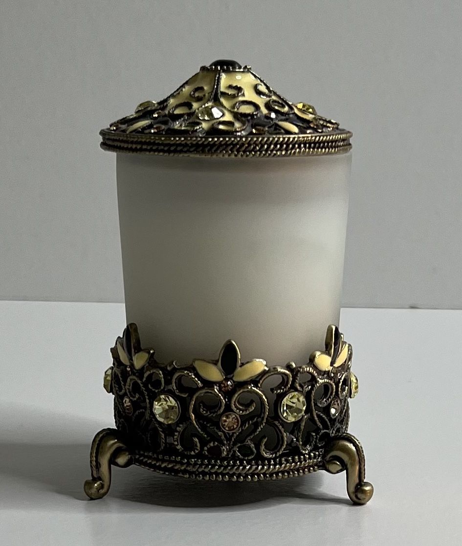 Vintage Enameled Metal With Rhinestones Votive Candle Holder With Lid