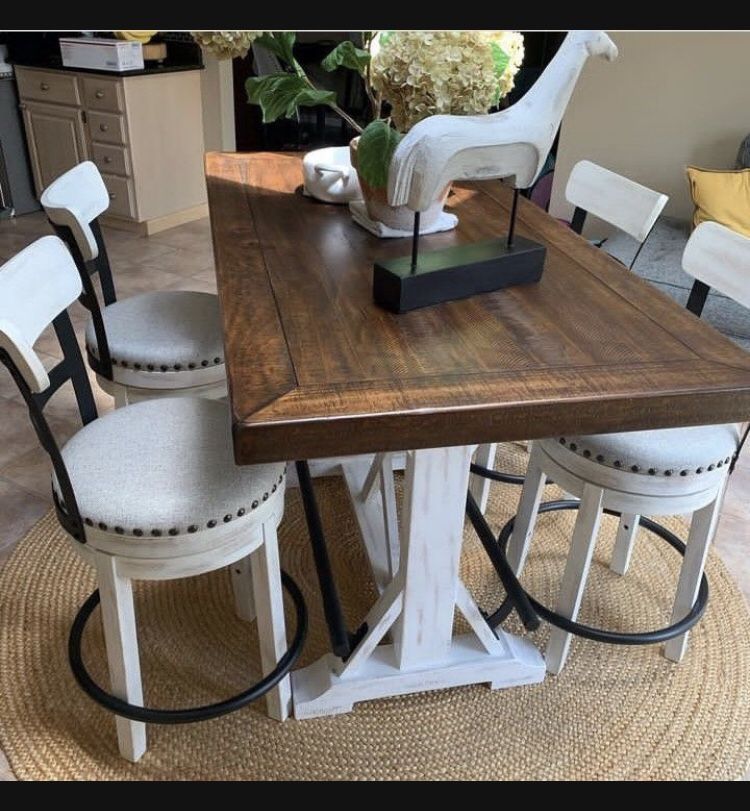 White/Dark Brown Farmhouse Style Counter Height Dining Table And Bar Stools💥 Showroom Available 👍🏻 Fastest Delivery 🤩