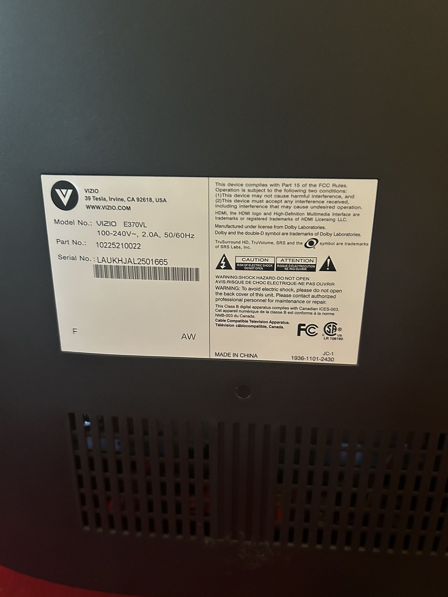 Vizio 39 Tesla LCD Hd Tv And Blu-Ray With Internet Apps for Sale in San 