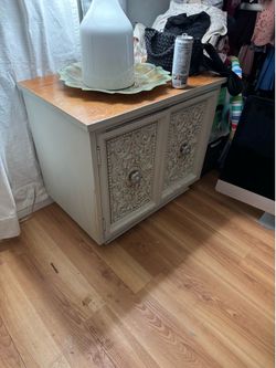 Hand-Carved Bohemian Farmhouse Accent Cabinet with Solid Wood Top