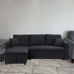 🛋️ NEW!! Reversible Sleeper Sofa Black W/Storage STILL IN BOX 📦 